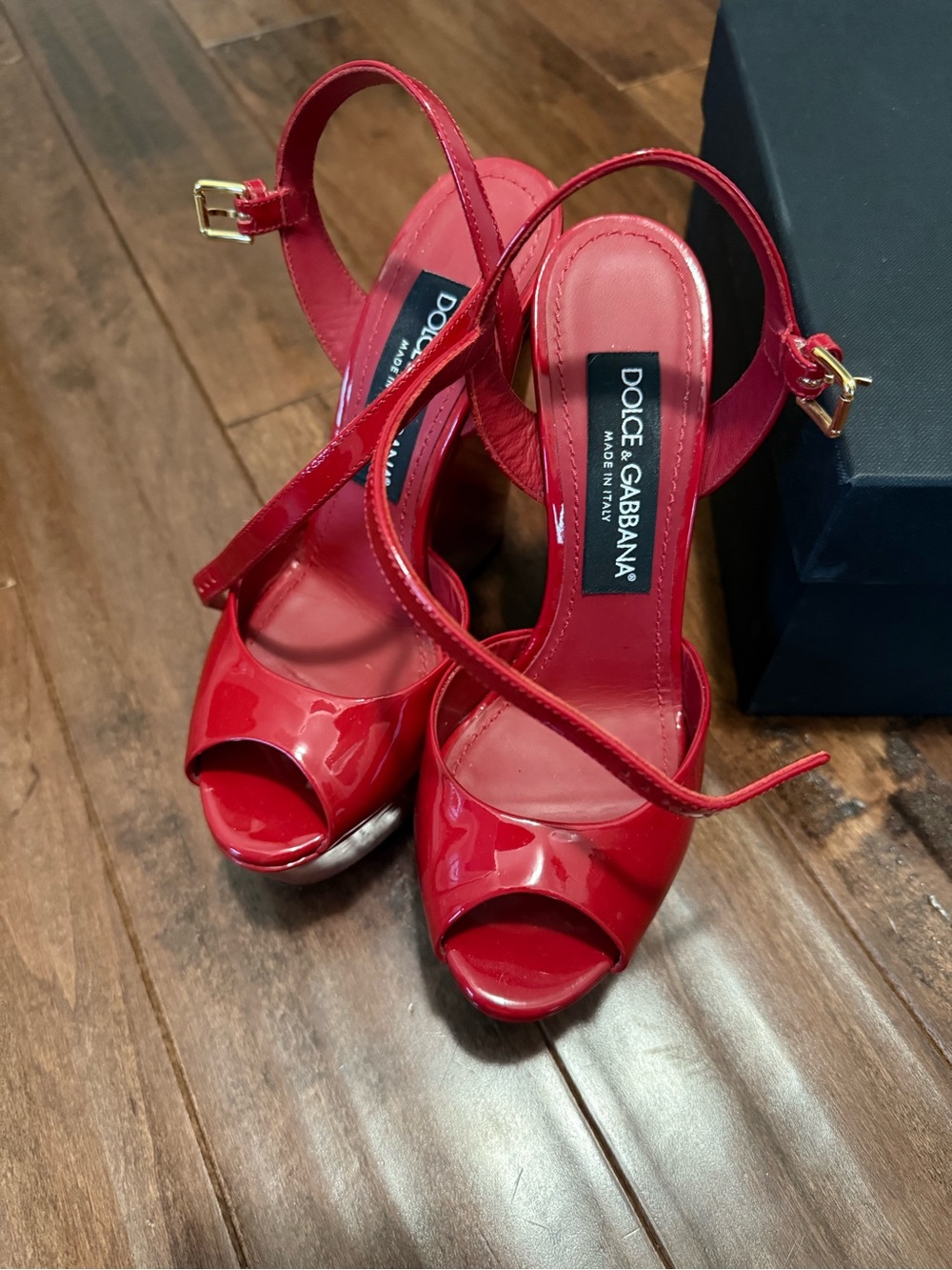 Dolce & Gabbana Red Patent Peep-Toe Slingback Heels with Gold Buckle